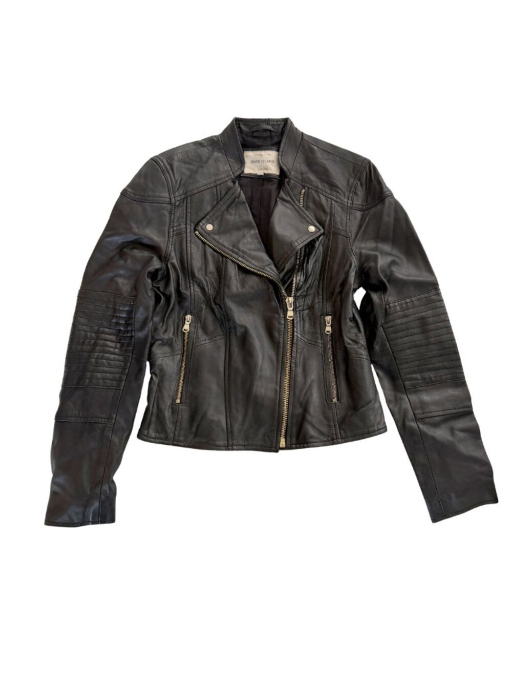 River Island Genuine Black Leather Biker Jacket Quilted Sleeves UK 12 / US 8